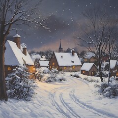 Snowy village street at night under a starry sky.