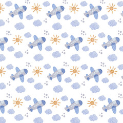 Cute Watercolor Airplane Seamless Pattern with Clouds and Sun – Transparent Background