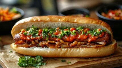 Spicy Sausage Hot Dog with Crispy Onions and Chili Sauce