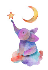 A cute, purple watercolor elephant is sitting on a colorful cloud. 