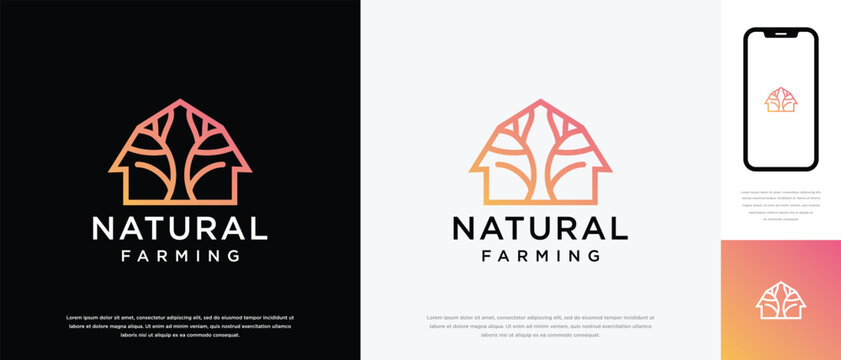 Nature tree farm house logo design. Nature leaf farm logo template. Farming and ranch logo symbol icon