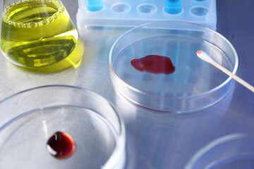 Petri dishes with samples on table, closeup