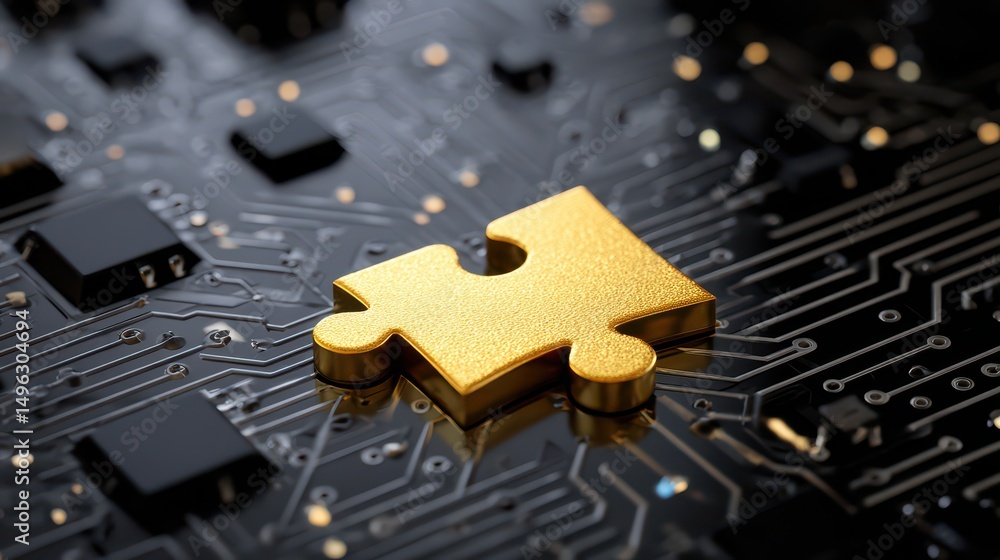 Poster golden puzzle piece on a circuit board background symbolizing connection and technology integration 