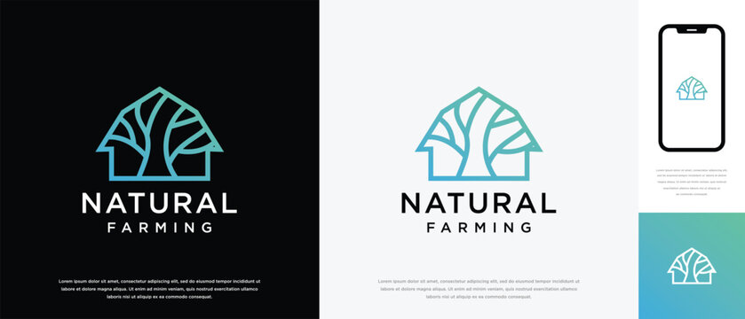 Nature tree farm house logo design. Nature leaf farm logo template. Farming and ranch logo symbol icon