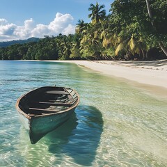A tranquil scene of a small boat on a tropical beach.
