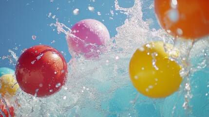 Colorful balls create splashes in a sunny outdoor pool during summer fun