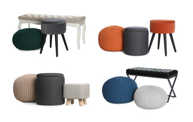 Different poufs isolated on white, collage. Interior element