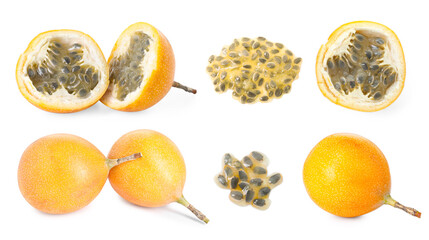 Ripe passion fruits on white background, collage