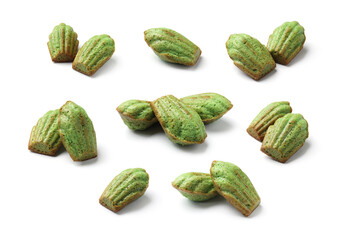 Tasty matcha madeleine cakes on white background, collage