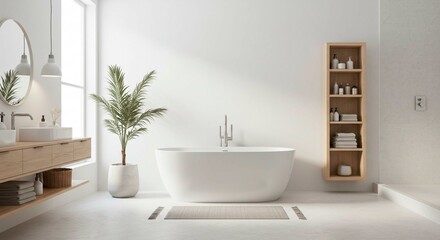 Fototapeta premium Bright bathroom featuring a white bathtub plant and wooden vanity cabinet