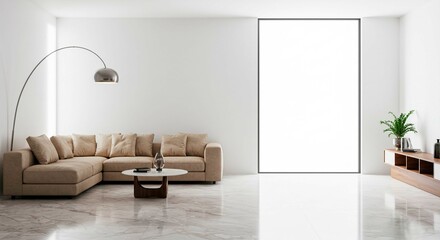 Interior view of a modern living room with sofa and blank picture frame