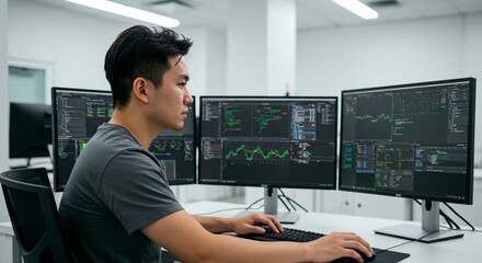 Asian man working with three monitors displaying financial data and charts
