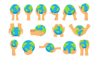 Hands with globe graphic vector illustration set