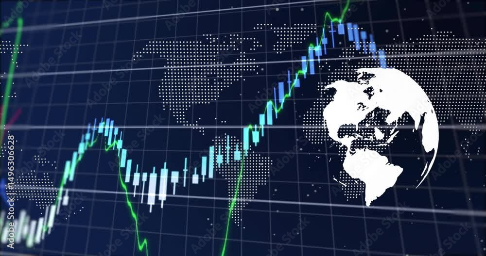 Poster dark blue grid spawning rotating globe and emerging line graphs visualizing global market trends