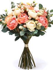 Fototapeta premium A stunning bouquet of artificial peach and cream peonies and eucalyptus is elegantly tied with twine, perfect for home or event decor.