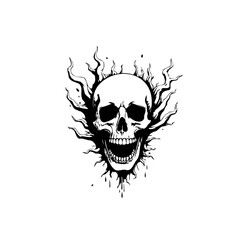 Monochrome skull with ethereal flame-like emanations, evoking gothic symbolism