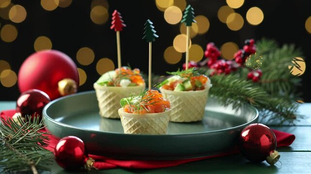 People taking tasty canapes at table against black background with blurred lights, closeup. Bokeh effect