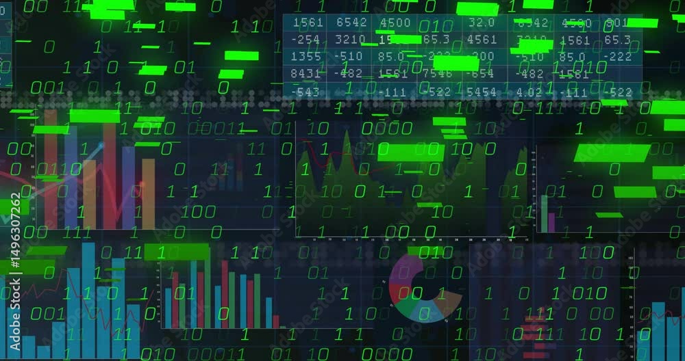 Poster digital data dashboard starting charts drifting binary, flashing green bars, code obscuring visuals