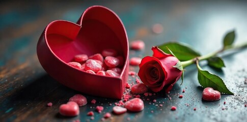 A shattered heart-shaped box lies open, revealing scattered, broken candy pieces A single, wilted rose rests nearby, symbolizing lost love and a failed Valentine's Day , forgotten, heartbreak