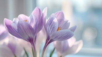 Fototapeta premium Closeup of Delicate Light Purple Crocus Blossoms in Soft Light