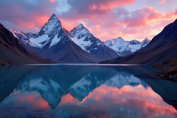 Obraz premium Majestic Andean peaks reflecting in Bolivian lake, clouds, mountains, reflection