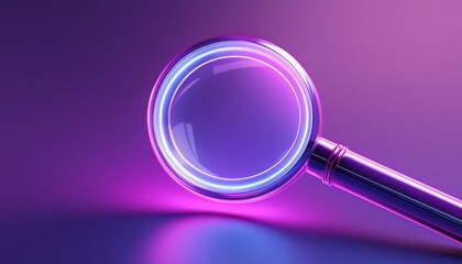 neon magnifying glass on purple background 3d render search concept investigation purple gradient magnifier search