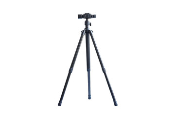 Camera tripod stand with adjustable legs and mounting head equipment isolated on a transparent background