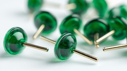 Vivid Close-up of Green Push Pins on White Background