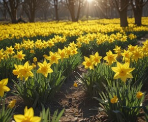 Obraz premium Sunlit field of vibrant yellow daffodils in full bloom , spring, sunny, blossom