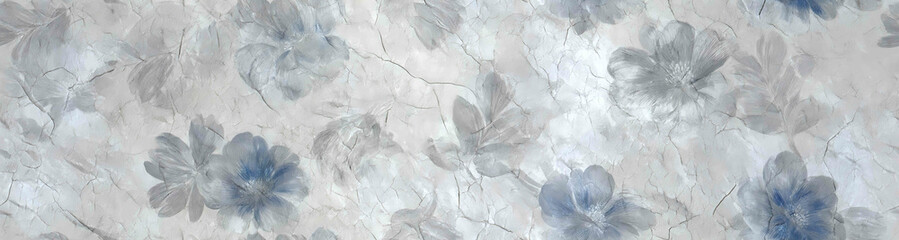 Old wall with cracked texture, adorned by blue blossoms - Seamless , pattern , background , tile