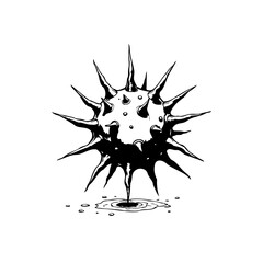 Monochrome spiky sphere with a shadowed aura emits a liquid essence