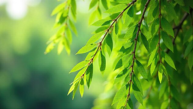Fototapeta Intricate, delicate willow branches laden with vibrant green foliage, swaying gently in a summer breeze  Perfect for nature, spring, and environmental themes ,  flowing,  outdoor,  salix
