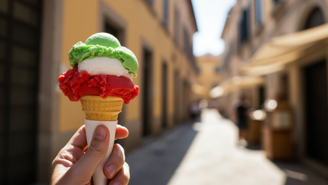 Hand holding Italian flag colored gelato cone on blurred street. Green, white and red ice cream scoops representing Italy. Patriotic dessert concept. Copy space for text. - Powered by Adobe