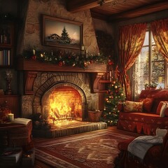 Cozy christmas living room with fireplace and holiday decorations.
