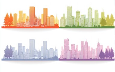 Naklejka premium Colorful City Skylines Illustrations: Orange, Green, Blue, Purple Urban Landscapes