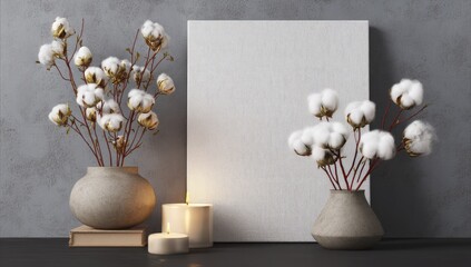 Minimalist home decor display with cotton branches, vases, candles, and a blank canvas