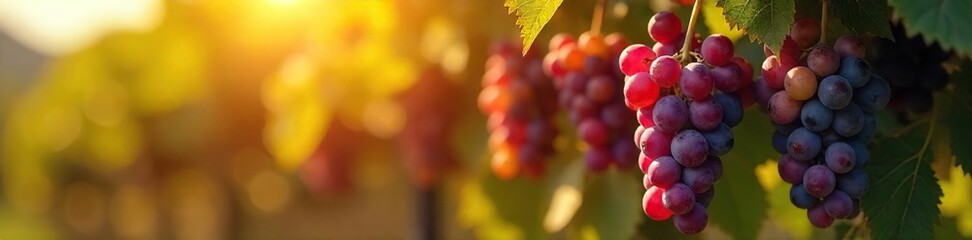 Sun-drenched bunches of ripe grapes hanging heavy on the vine, ready for the autumn harvest A picturesque scene of abundance and the bounty of nature , green, winery, vineyard rows