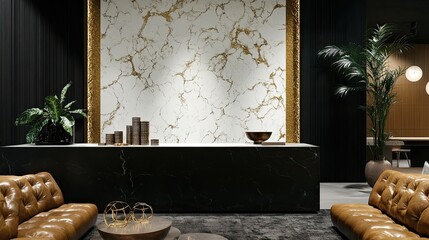 Sophisticated reception area with elegant marble backdrop and luxurious seating