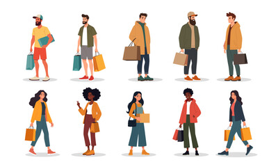 Shopping characters graphic vector illustration set