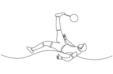Continuous one line drawing of Soccer player Performing Bicycle Kick. Single line drawing illustration of Football player with a ball. World Football Day concept vector art. Doodle line illustration.