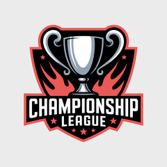 A striking logo for a Championship League, featuring a silver trophy set against a black shield with red flame accents and stars, ideal for sports branding