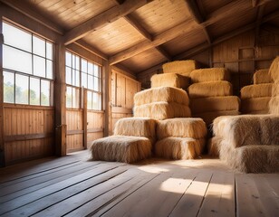 stunning interior of a barn featuring stacked hay bales in natural light and neutral tones