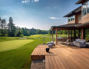 Obraz premium large cabin home with an expansive wooden deck and seating area overlooking a golf course