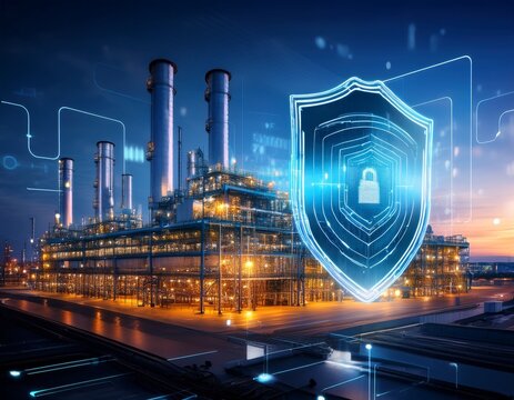the critical operations of a vast factory complex at dusk are protected by a glowing digital shield overlay highlighting the need for stringent cybersecurity protocols