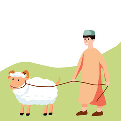 Flat illustration of a man  with a sheep, symbolizing Eid al-Adha sacrifice and celebration, with optional text or Islamic elements