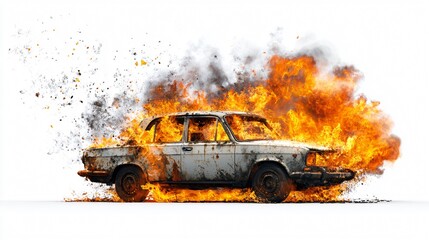 Intense Flammable Car Fire Against White Background