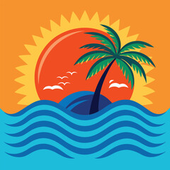 Fototapeta na wymiar Tropical Paradise Sunset Palm Tree Island Scene Illustration