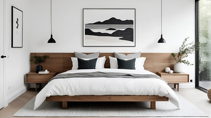 Scandinavian master suite with a bespoke wooden bed frame, layered bedding, and a minimalist art piece over the headboard