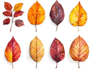 Obraz premium Eight vibrant autumn leaves watercolor painting collection isolated on white background perfect for fall designs and seasonal projects.