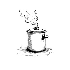 Hand-drawn illustration of a cooking pot with rising steam providing a culinary scene
